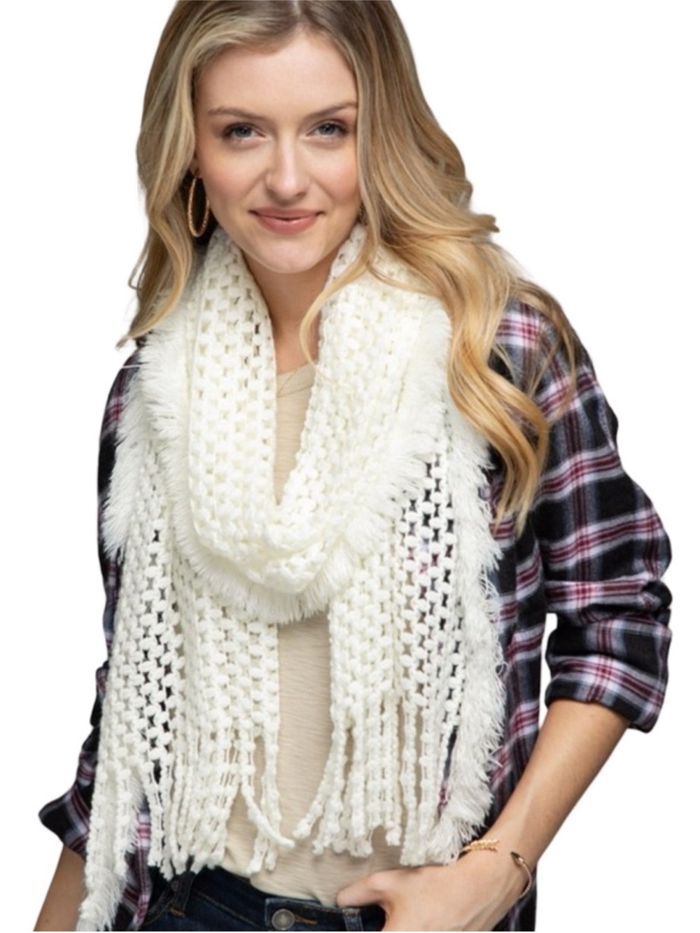 NWT White Soft Net Scarf With Fringe Frayed Accent